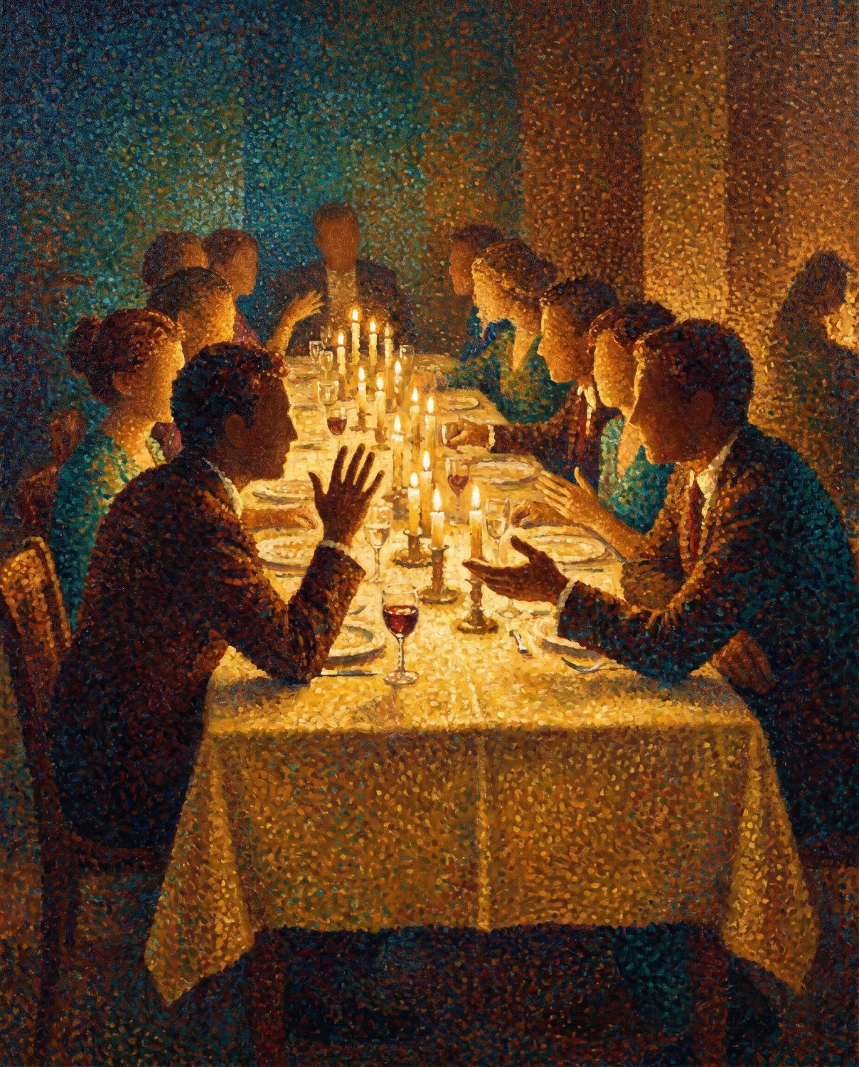 Two guests in candlelit conversation across a long table