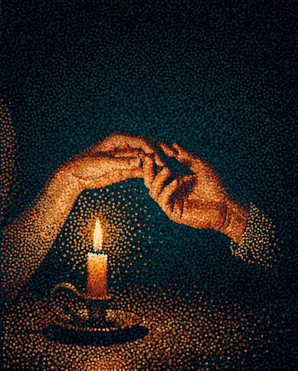 A hand cupped around a single candle flame in the dark
