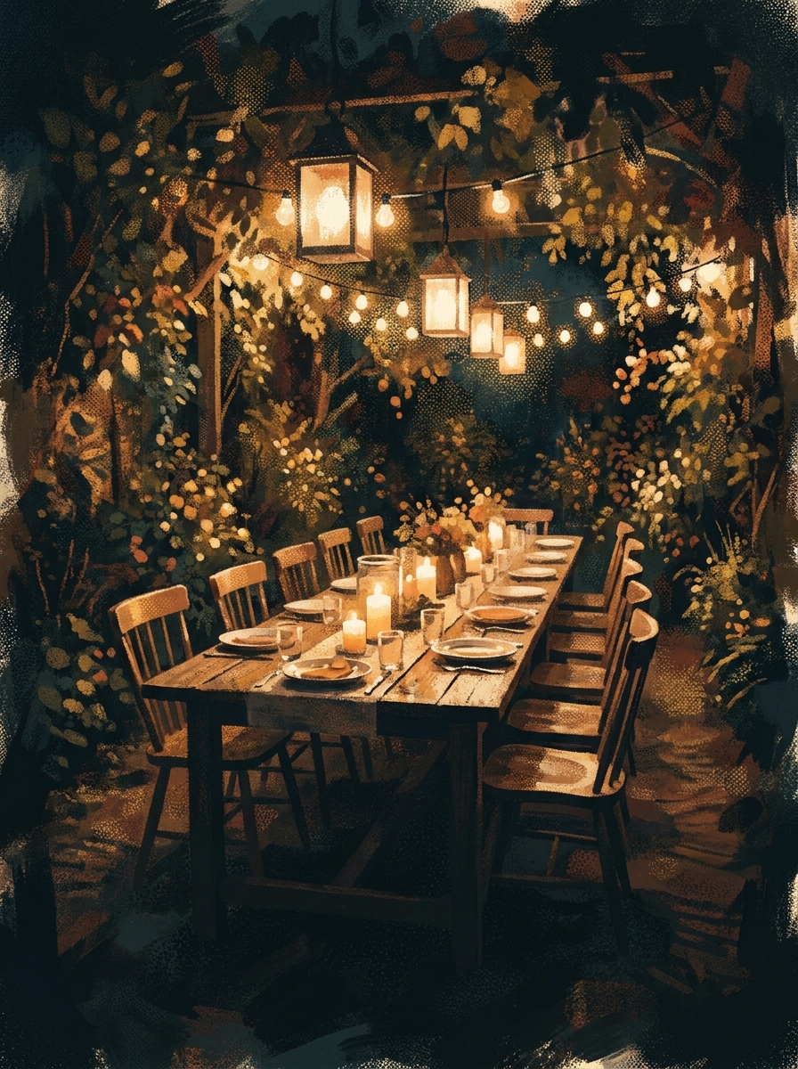 A long table set for dinner under lanterns