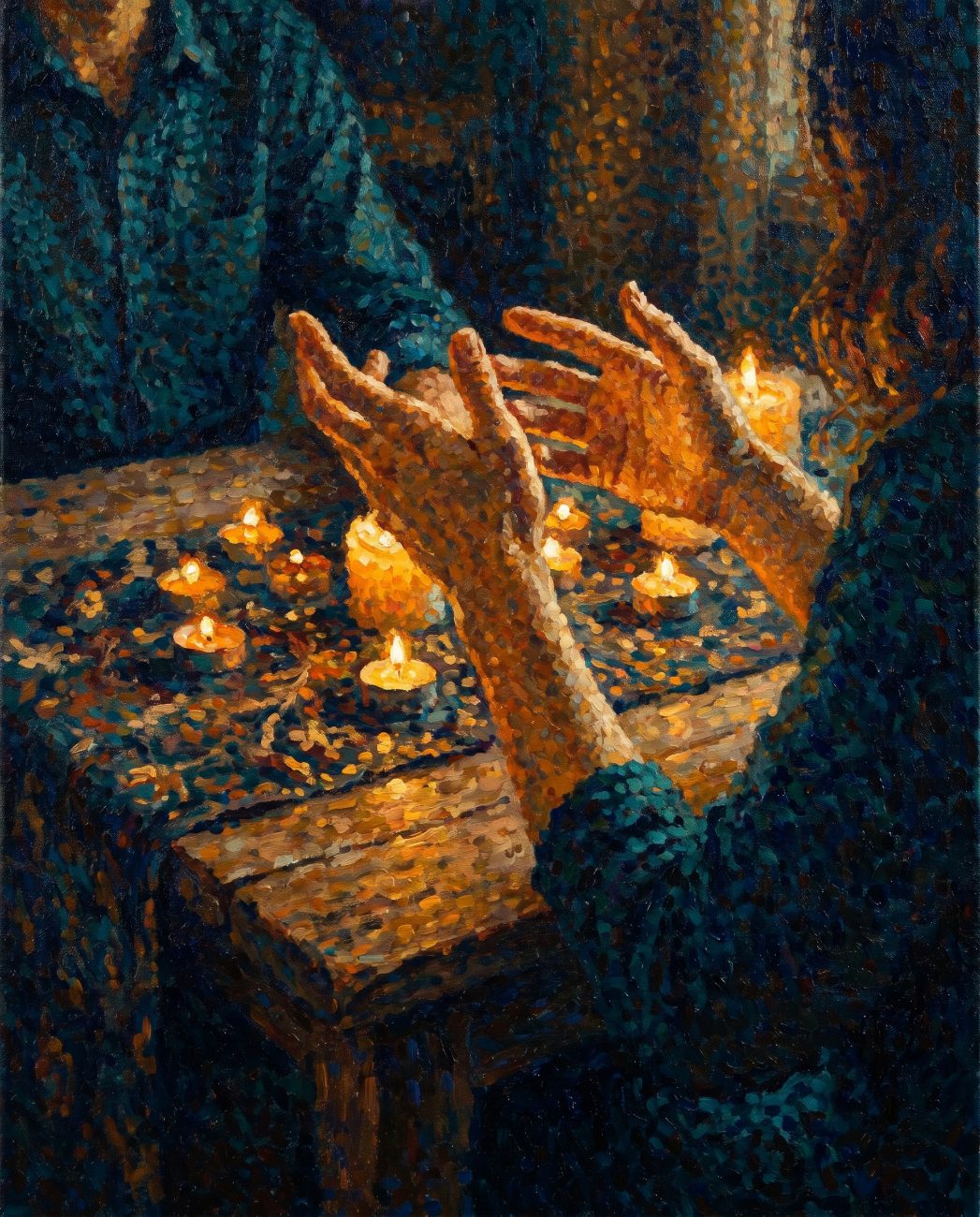 Two hands meeting over candlelight
